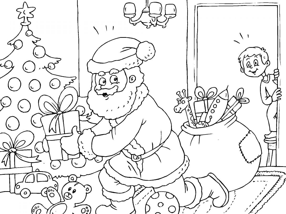 На раскраске изображено: Санта Клаус, Новогодняя ёлка, Подарки, Мальчик, Мешок с подарками, Игрушки, Новый год, Украшения, Сюрприз