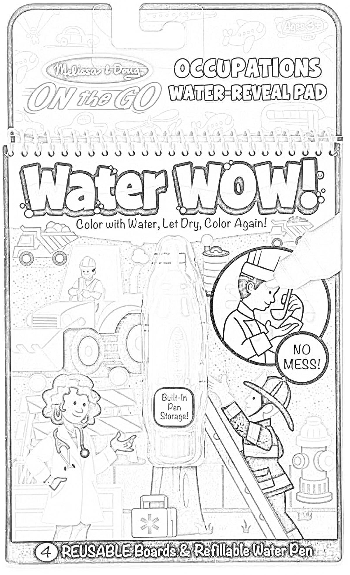 Melissa & Doug ON the GO Occupations Water-Reveal Pad, Water WOW! Color with Water, Let Dry, Color Again! NO MESS! Built-In Pen Storage! 4 Reusable Boards & Refillable Water Pen