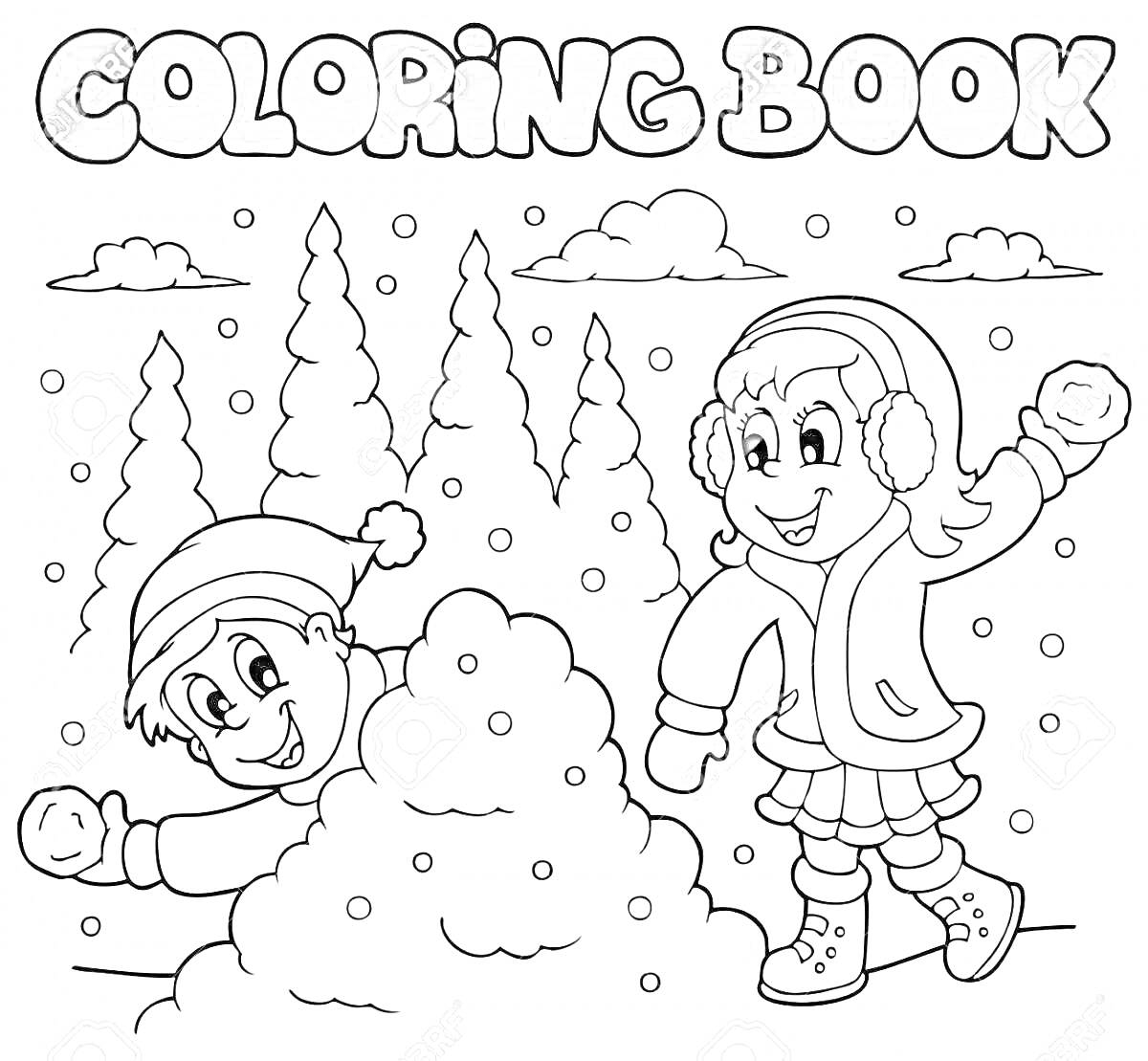 Раскраска Дети играют в снежки у сугроба на фоне леса и облаков
