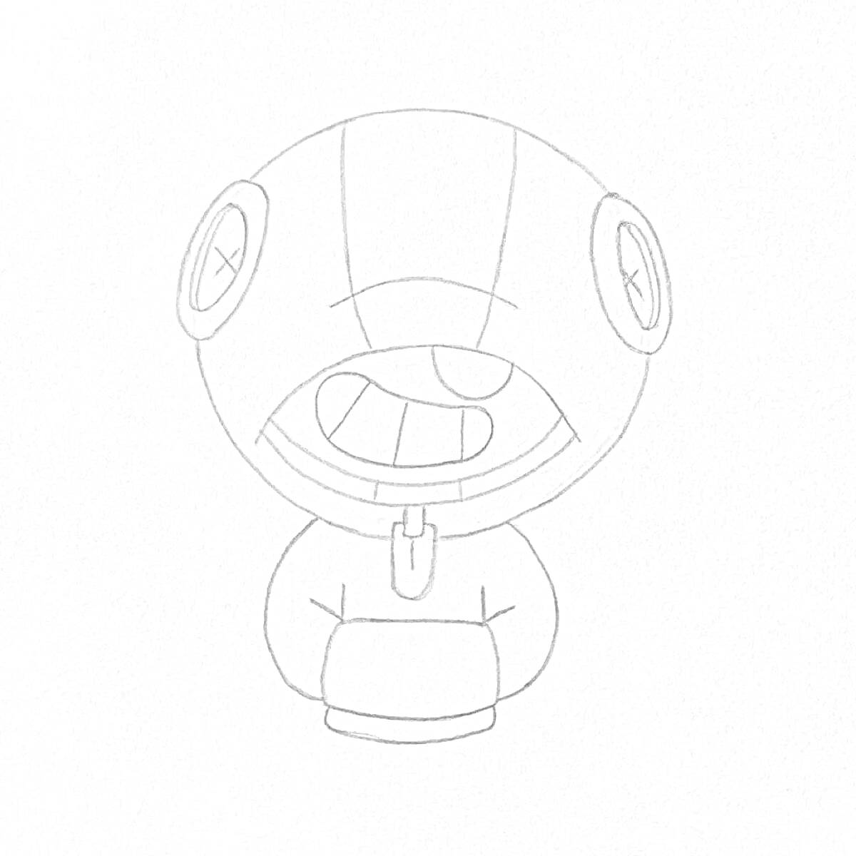Раскраска Персонаж из игры, крупная голова с крестиками на глазах, усмешка с языком, капюшон.
