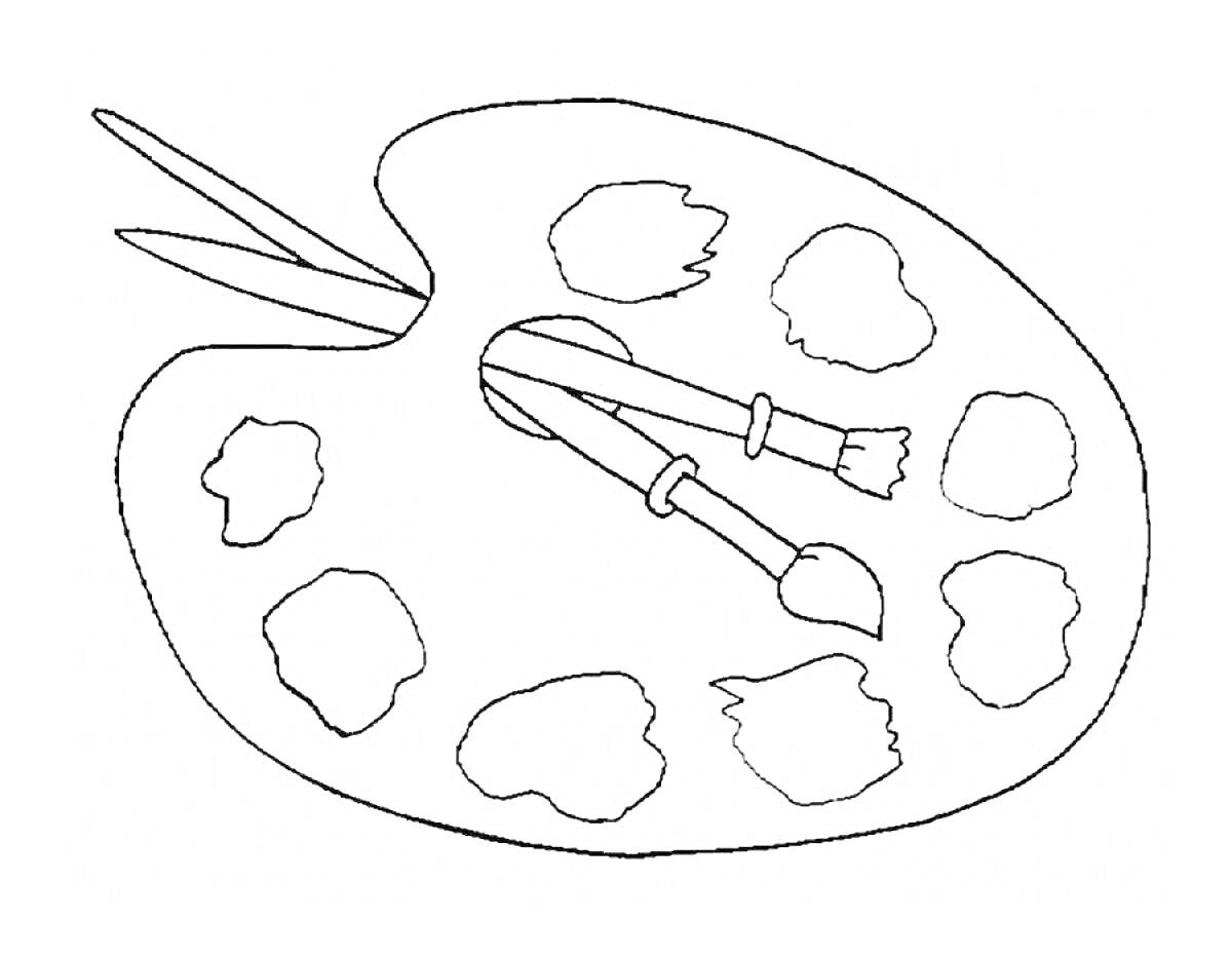 Раскраска Палитра с красками и кисти