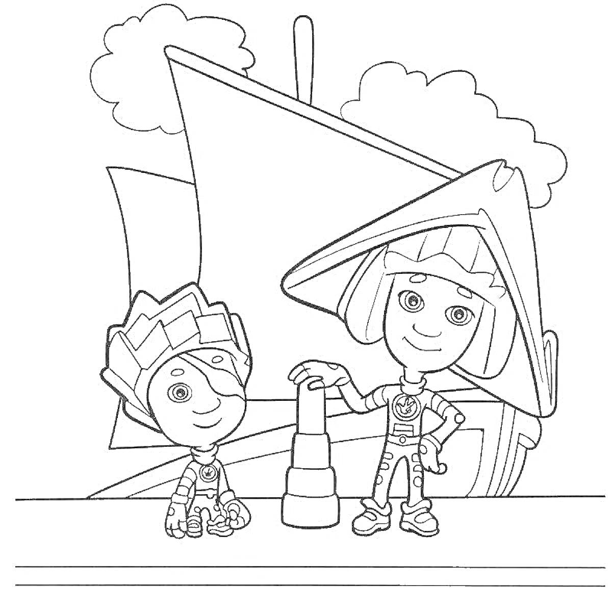 Раскраска Фиксики возле пирамидки и корабля, облака на заднем плане
