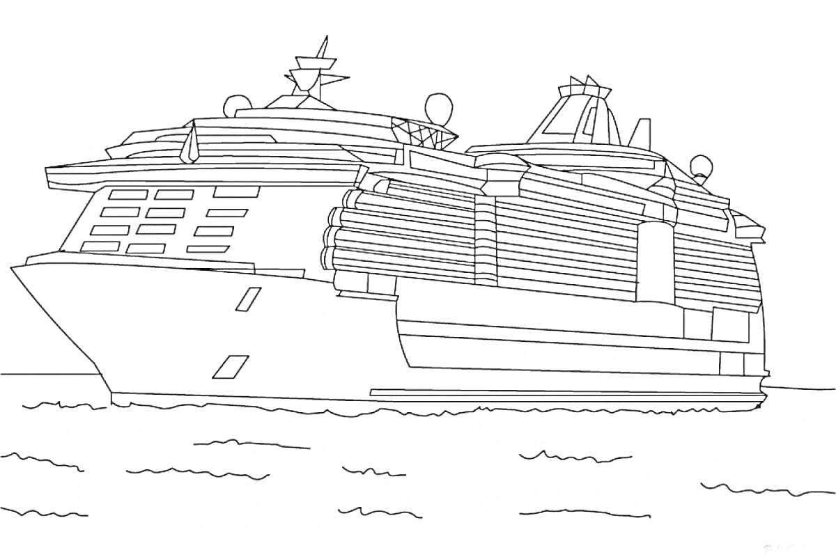 На раскраске изображено: Лайнер, Круизный корабль, Море, Судно, Транспорт, Вода, Волны