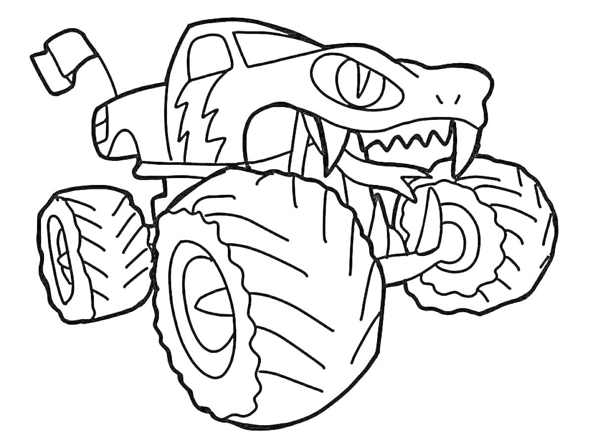Раскраска Монстер трак с агрессивными глазами, зубами и острыми клыками, большой флаг на задней части