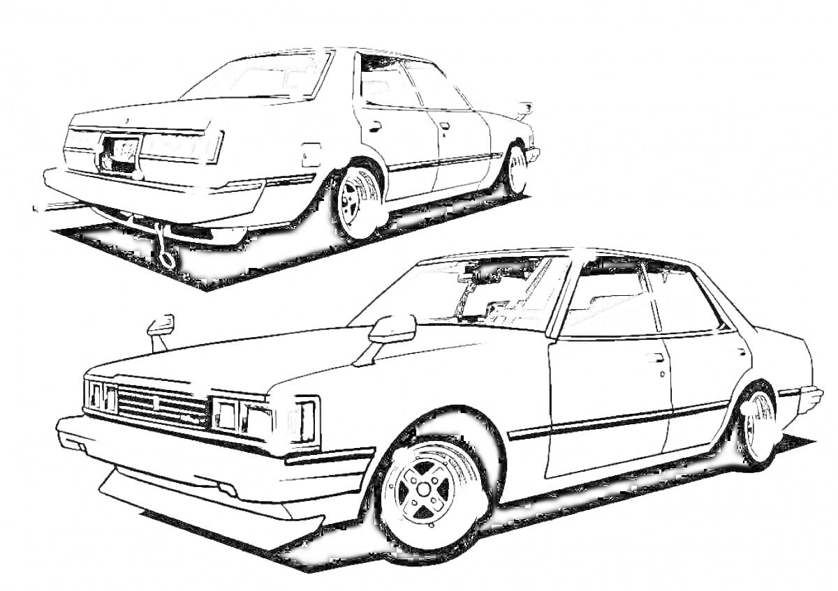 Раскраска Раскраска с изображением двух ракурсов автомобиля Toyota Mark 2, вид сзади и спереди.