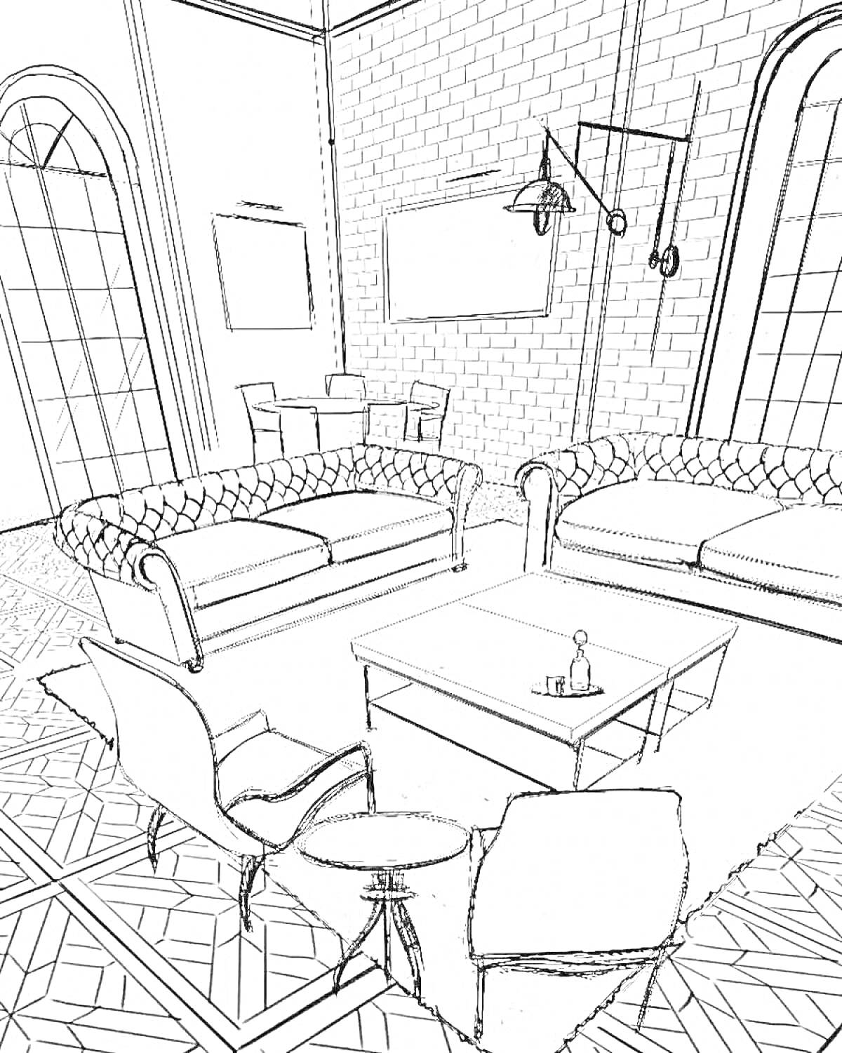 Раскраска Гостиная с диванами, креслами и обеденной зоной