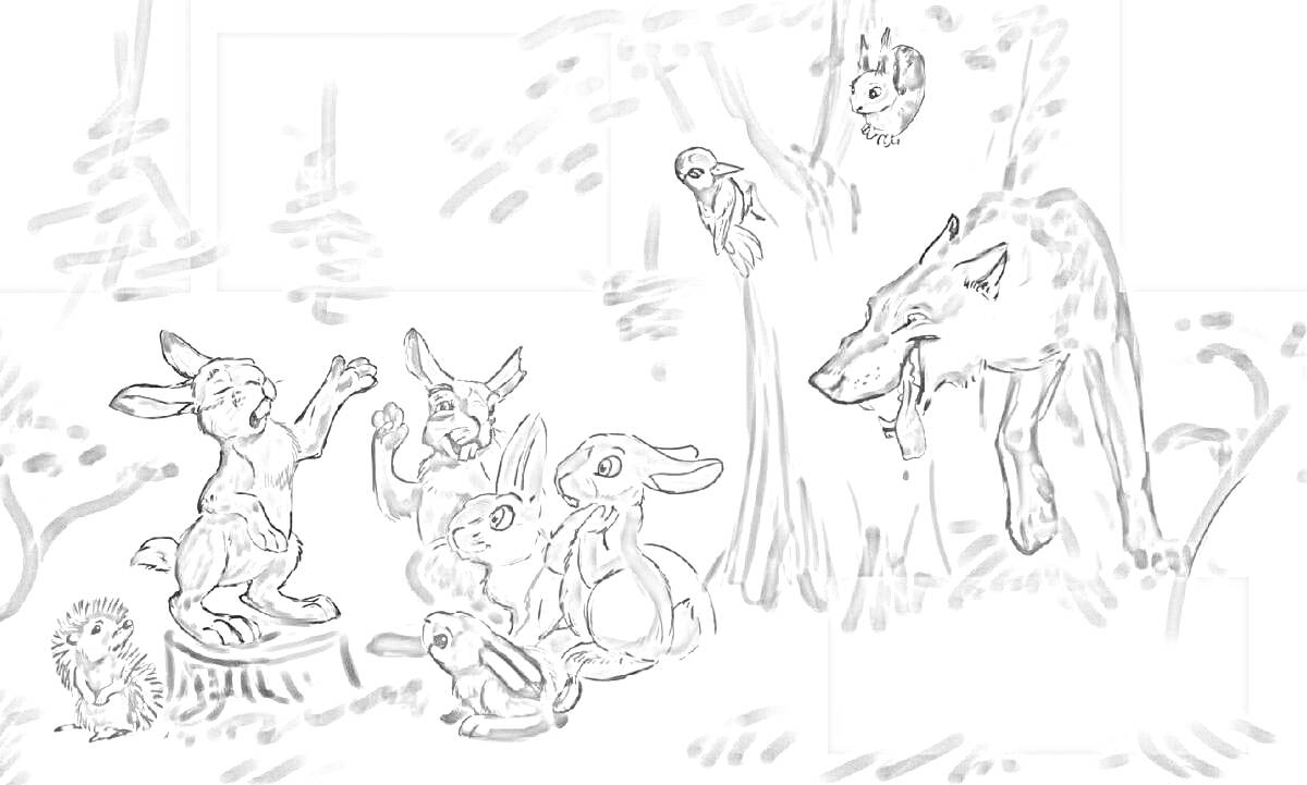 Раскраска Заяц стоит на пне, ещё три зайца, ёж, волк, птицы и деревья