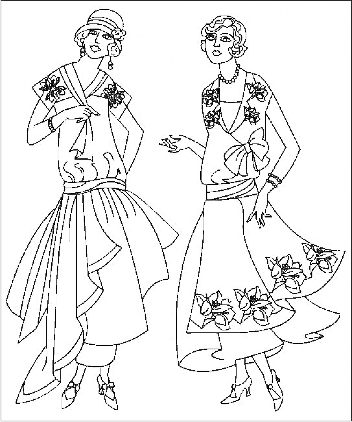 Две топ-модели в элегантных платьях с цветочными узорами и шляпкам, позирующие для фотосессии