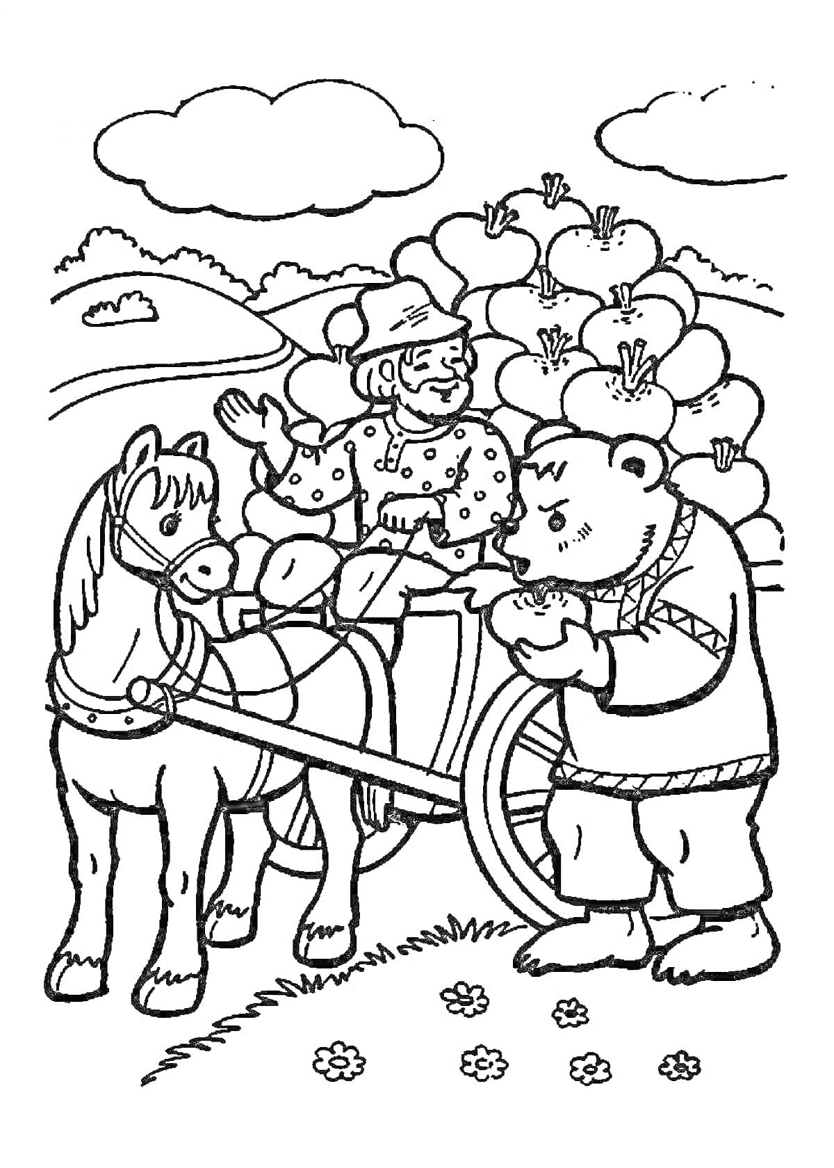 На раскраске изображено: Мужчина, Телега, Лошадь, Медведь, Деревья, Облака, Природа
