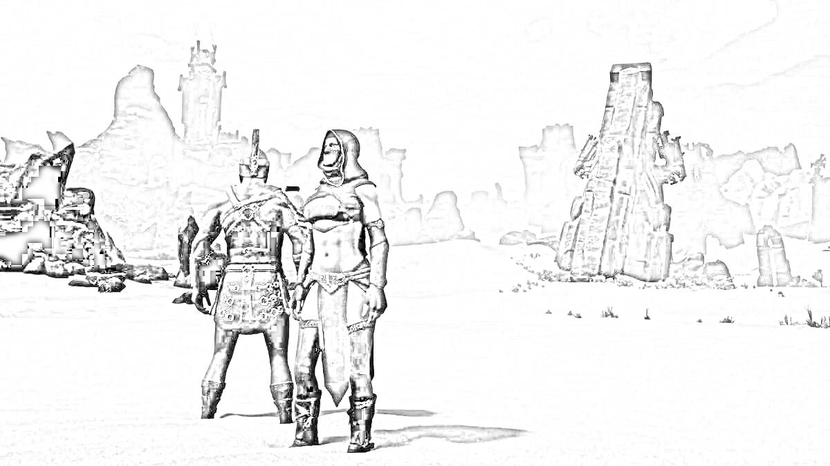 Раскраска Два персонажа в боевой готовности в пустыне с руинами и башнями на фоне
