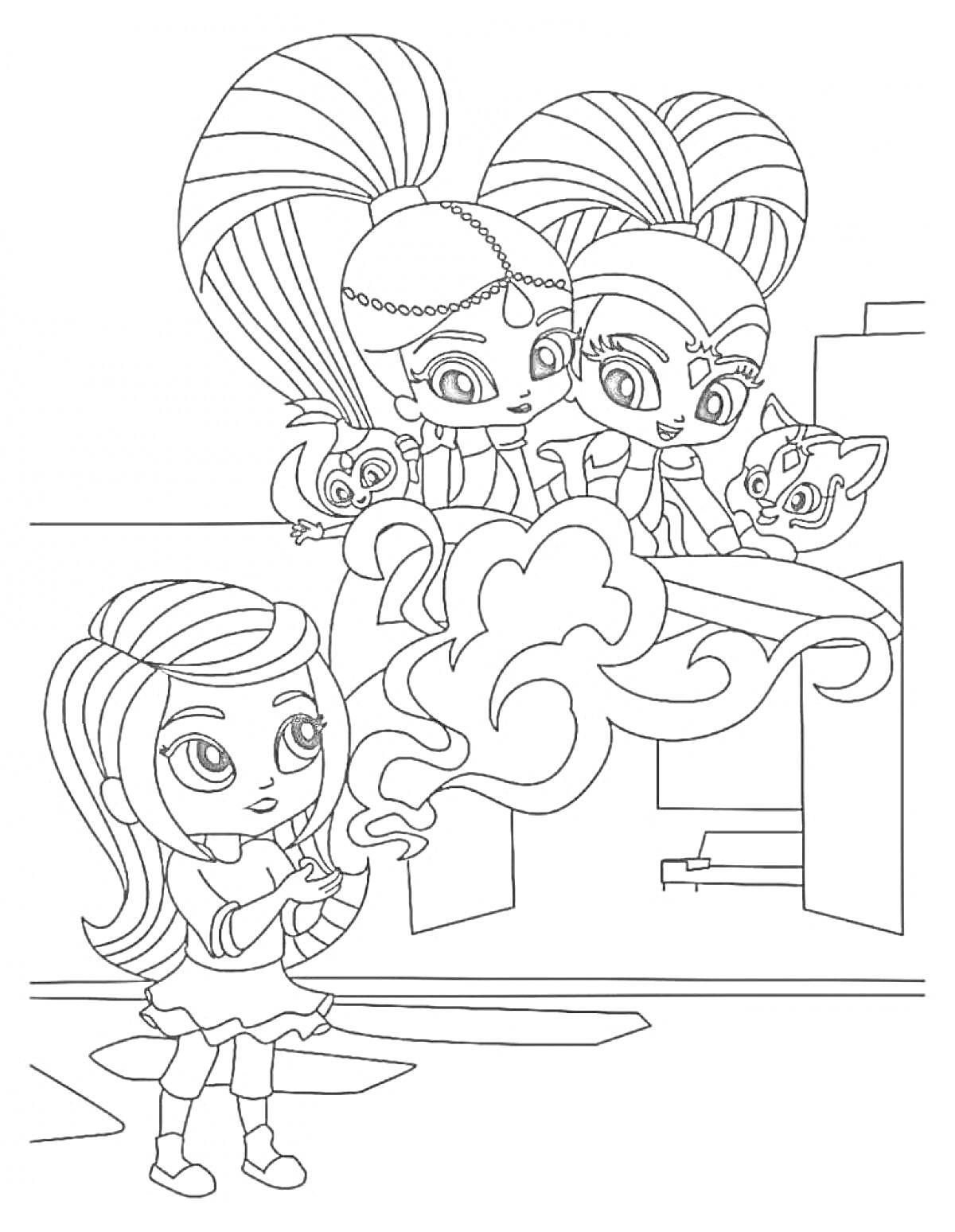 Раскраска Девочка с волшебной палочкой, джины на подоконнике и два маленьких животного