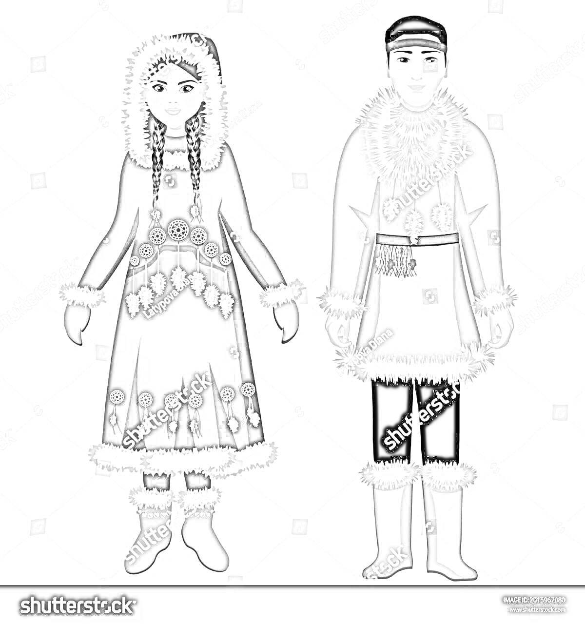 На раскраске изображено: Традиционная одежда, Мех, Этнический стиль, Север, Зима, Культура