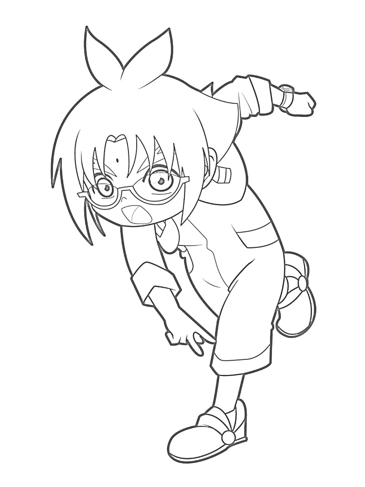 Раскраска Мальчик с очками и рюкзаком, в бегущей позе с поднятой рукой