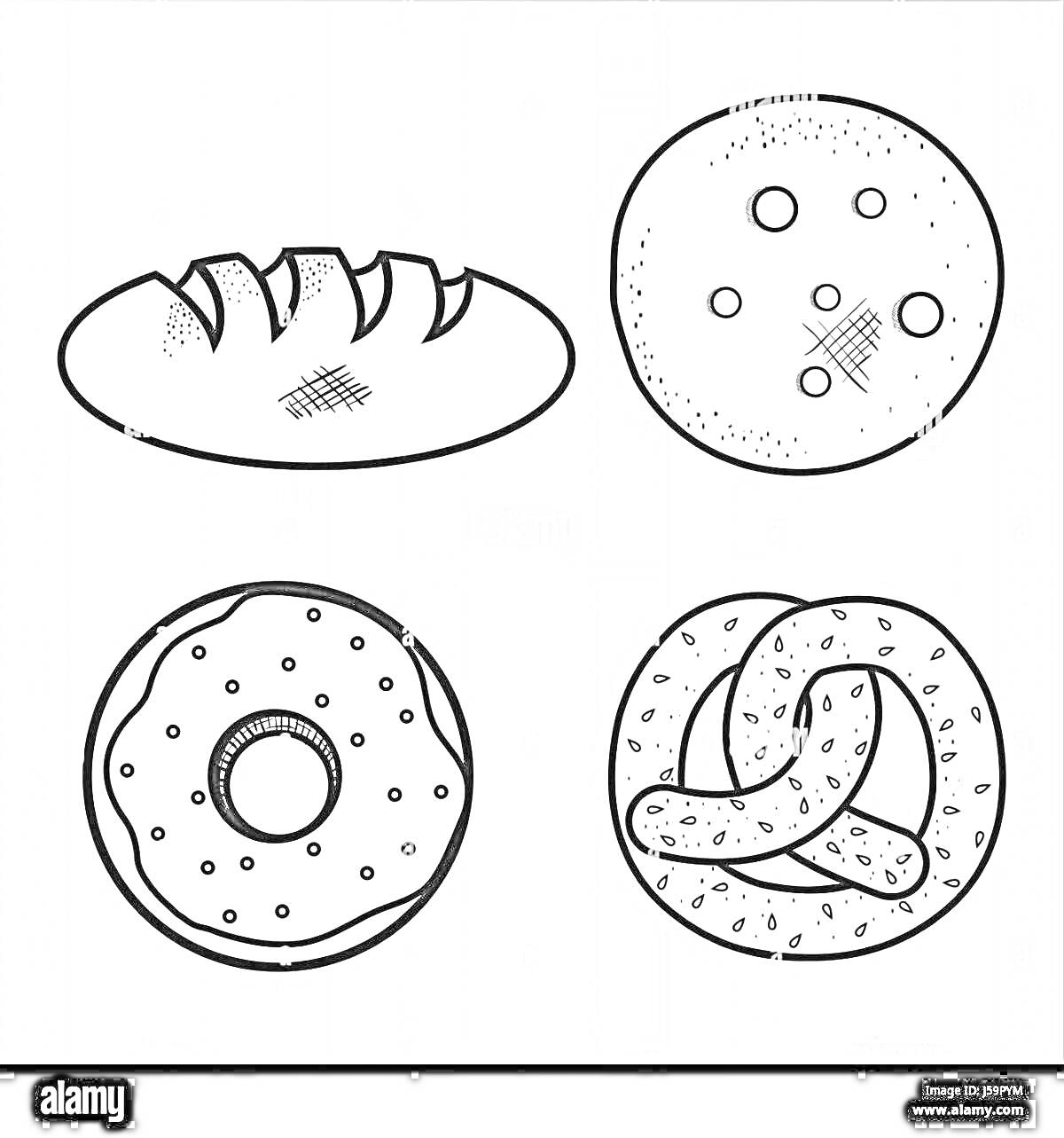 На раскраске изображено: Баранки, Хлеб, Печенье, Пончик, Крендель, Выпечка, Для детей, Контурные рисунки, Еда