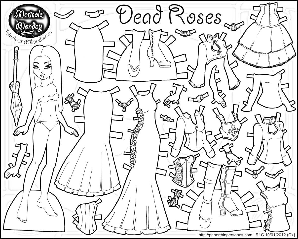 На раскраске изображено: Кукла, Одежда для вырезания, Платье, Букет цветов, Обувь, Зонт