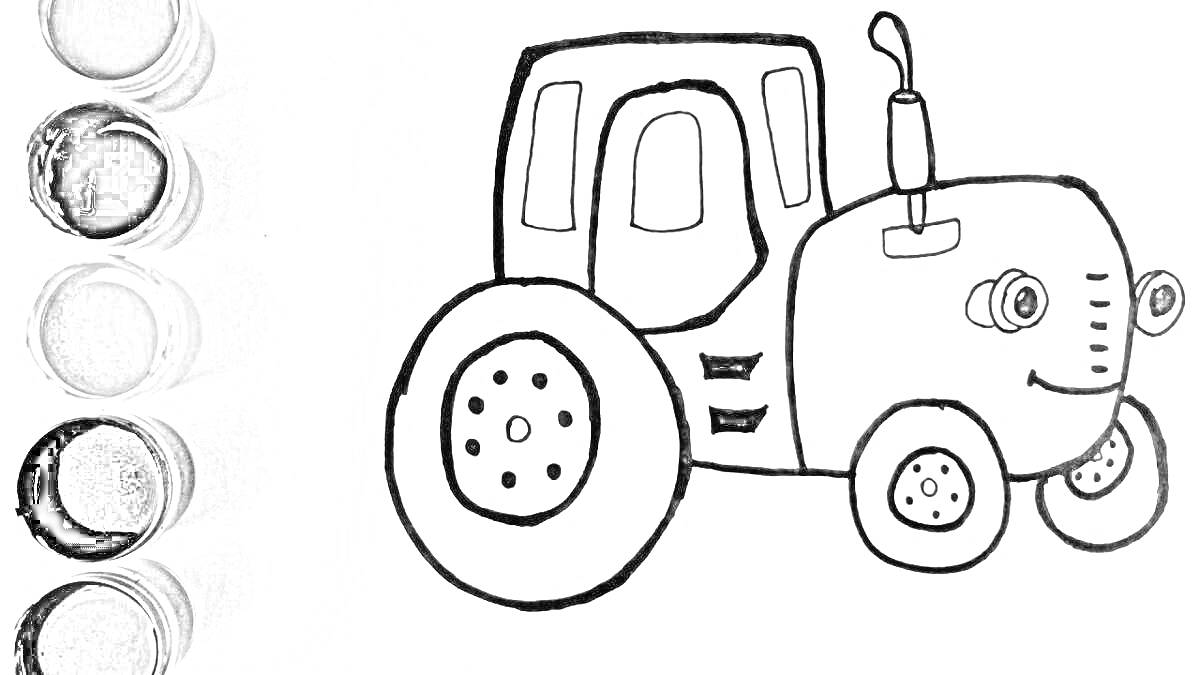 На раскраске изображено: Трактор, Колеса, Краски, Синий трактор, Для детей, Сельскохозяйственная техника