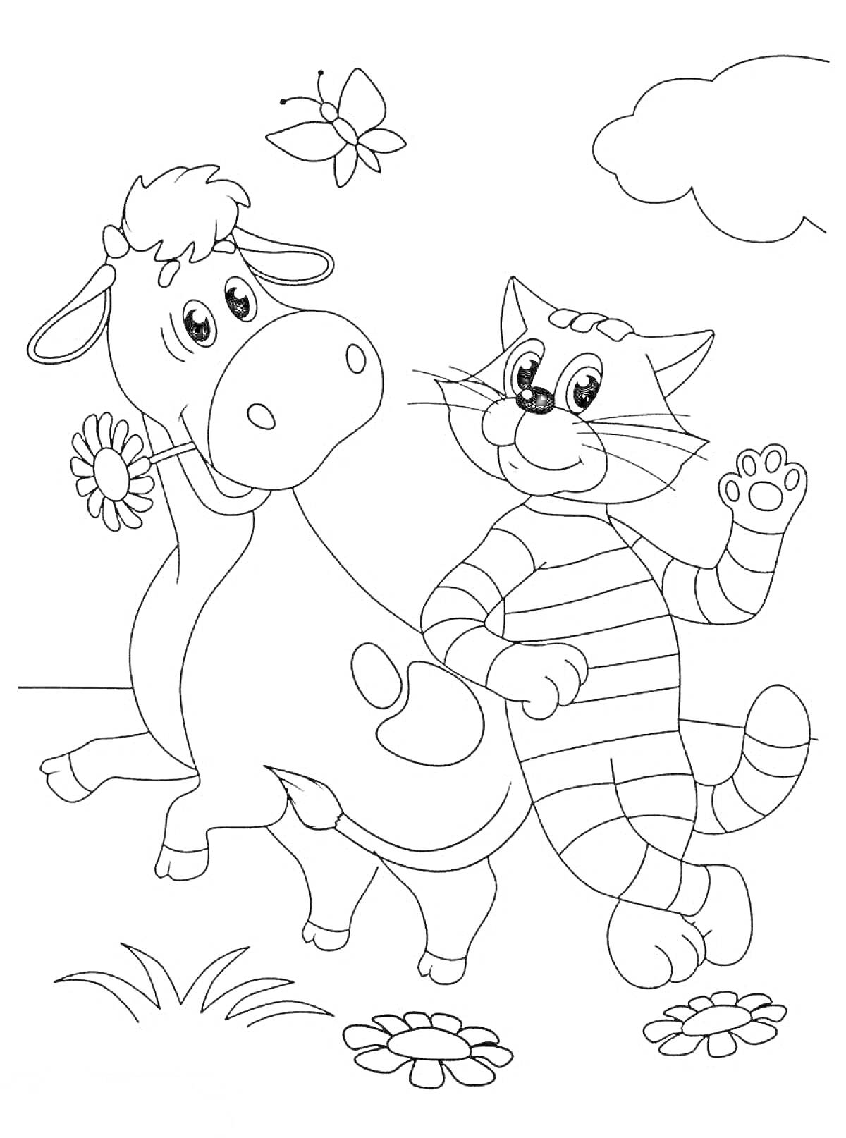 На раскраске изображено: Простоквашино, Кот, Корова, Цветы, Бабочка, Для детей 5-6 лет