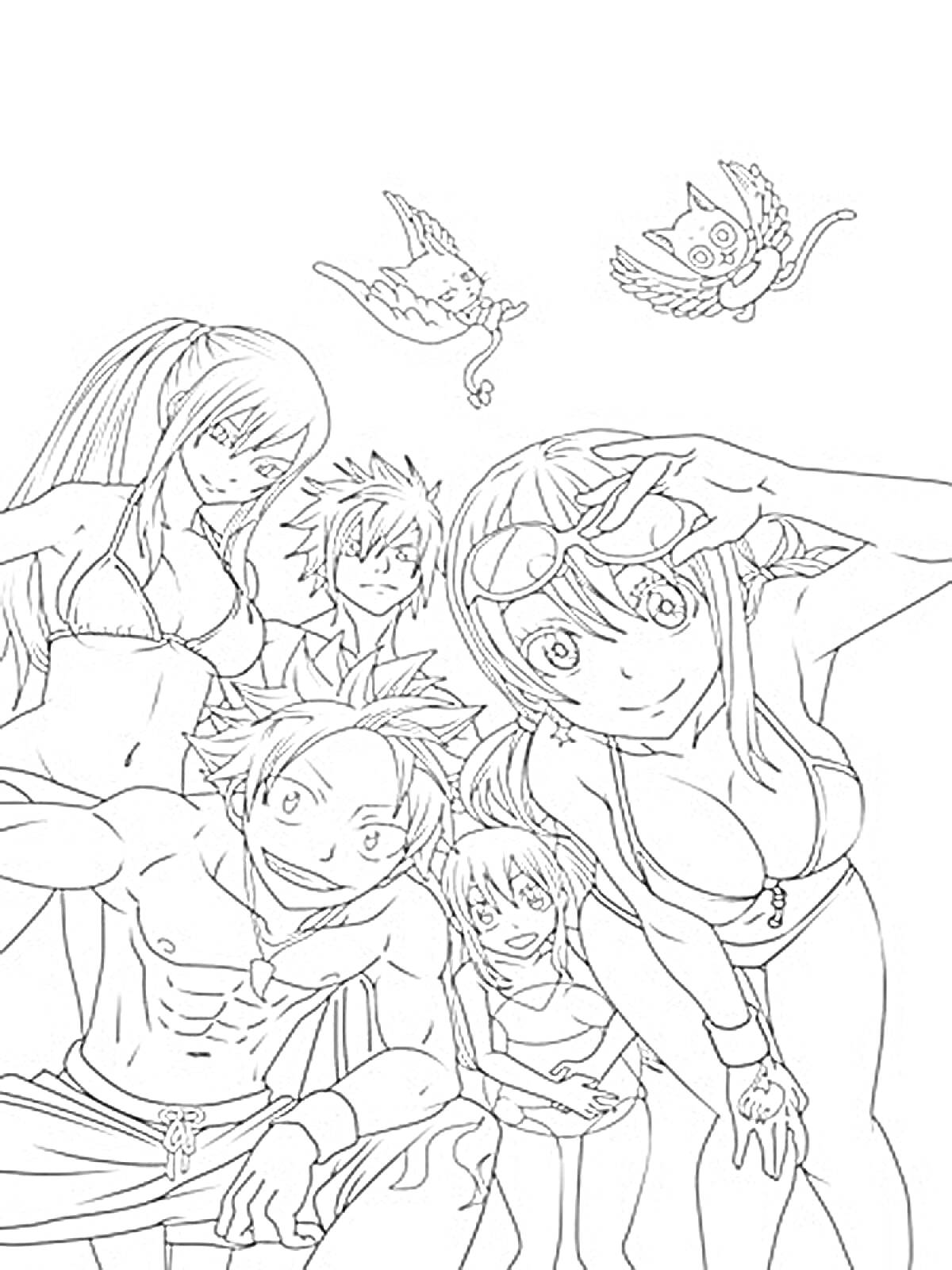 Группа персонажей из аниме Хвост Феи на пляже, включающая двух летающих существ
