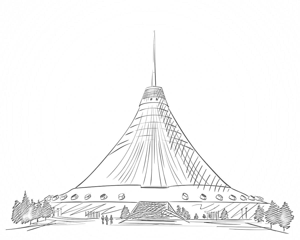 Раскраска Хан Шатыр, рисунок с деревьями и людьми перед зданием