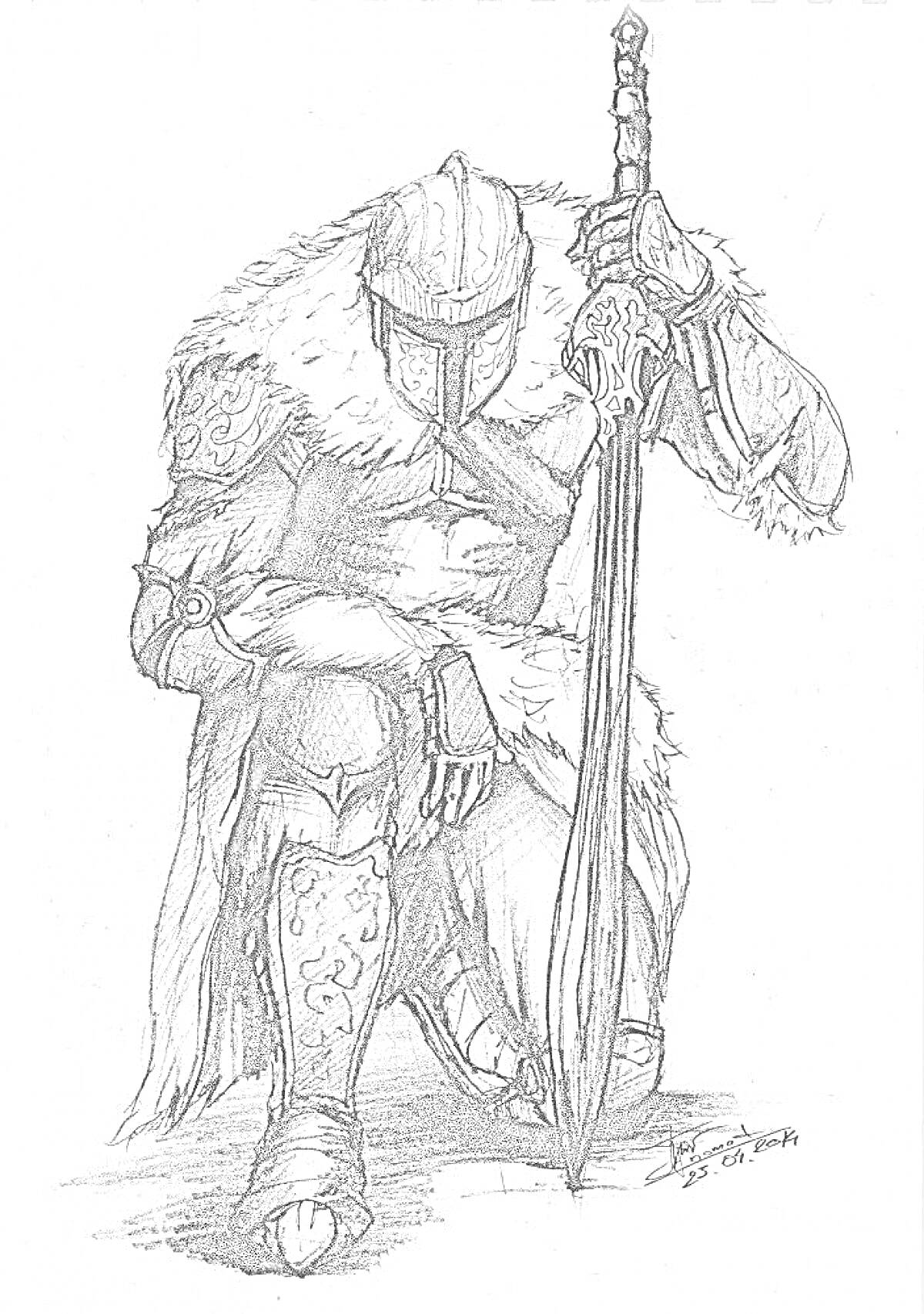 Раскраска Рыцарь в доспехах с мечом, стоящий на одно колено