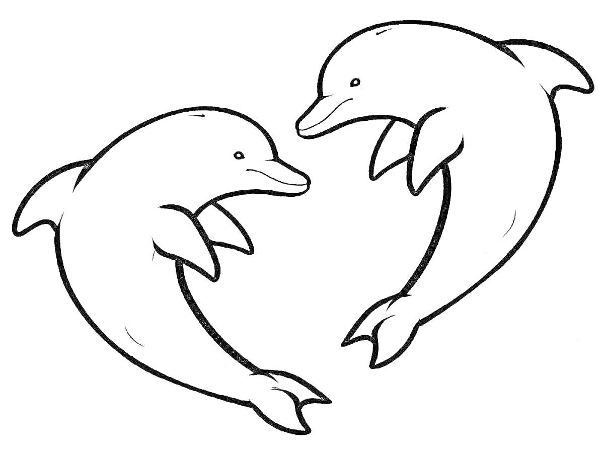 Раскраска Два дельфина, плавники и хвосты, мордочки, глаза, плывут рядом