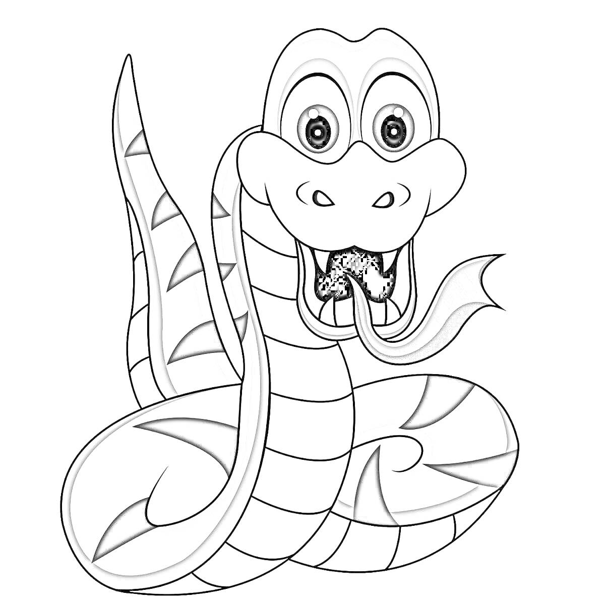 Раскраска Раскраска-рисунок улыбающейся змеи с высунутым языком и полосатым телом для детей