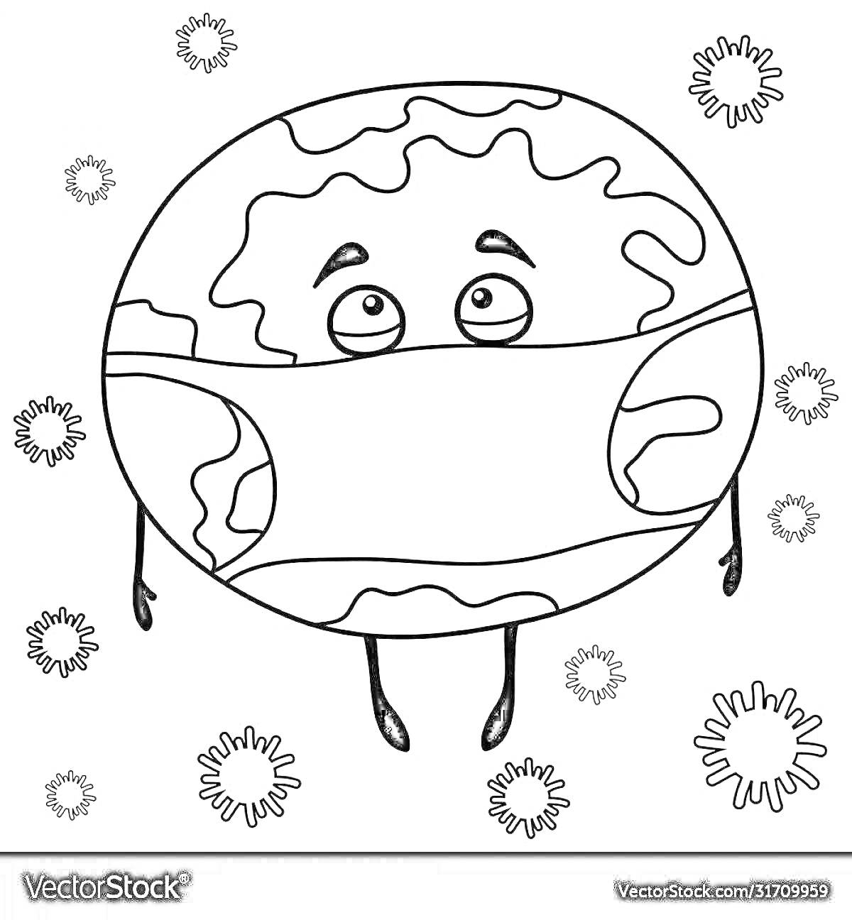 На раскраске изображено: Земля, Маска, Микробы, Вирусы, Для детей, Здоровье