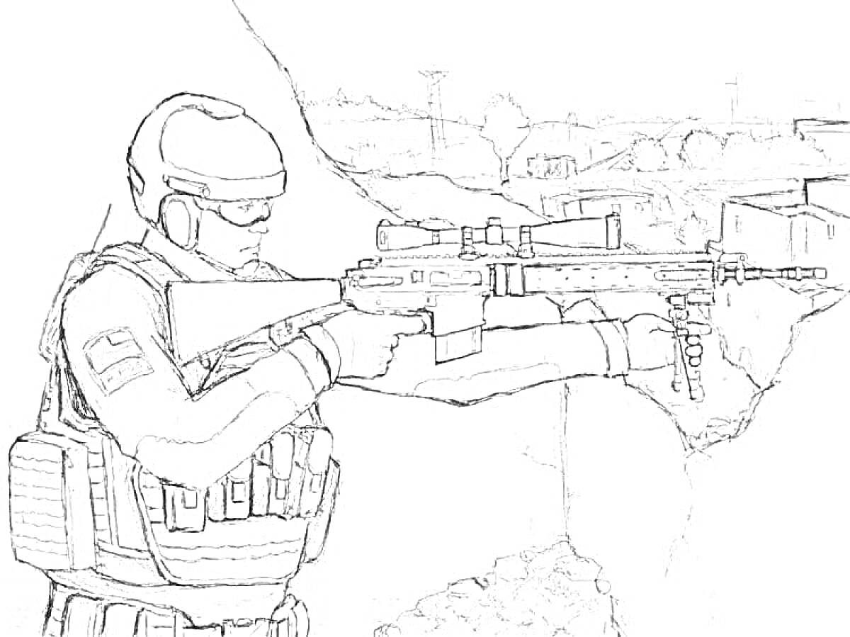 Раскраска Солдат с винтовкой у укрепления с городской средой на фоне