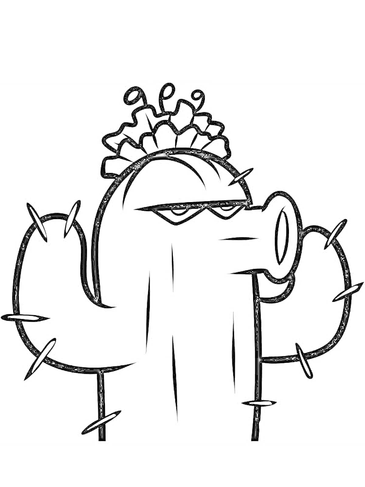 Раскраска Кактус с шипами и цветком на голове, мультяшный стиль