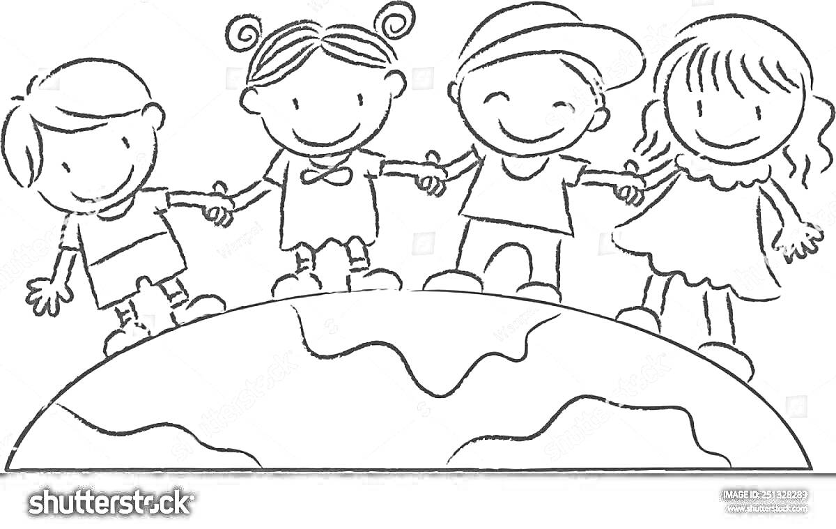 На раскраске изображено: Дружба, Земля, Радость, Веселье, Мальчик, Девочка, Держатся за руки, Для детей, Планеты