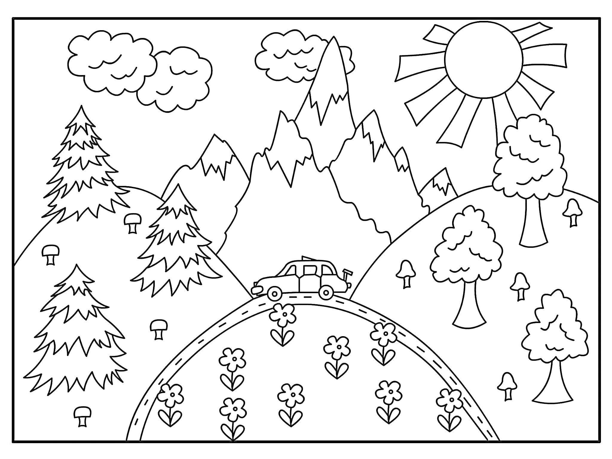 На раскраске изображено: Горы, Солнце, Облака, Деревья, Грибы, Цветы, Природа, Для детей