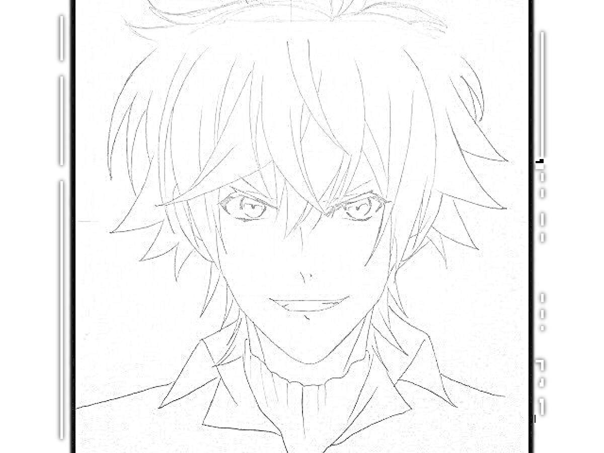 Раскраска Черно-белая раскраска с изображением персонажа с волосами средней длины, прической с прядями, торчащими в разные стороны, и улыбкой