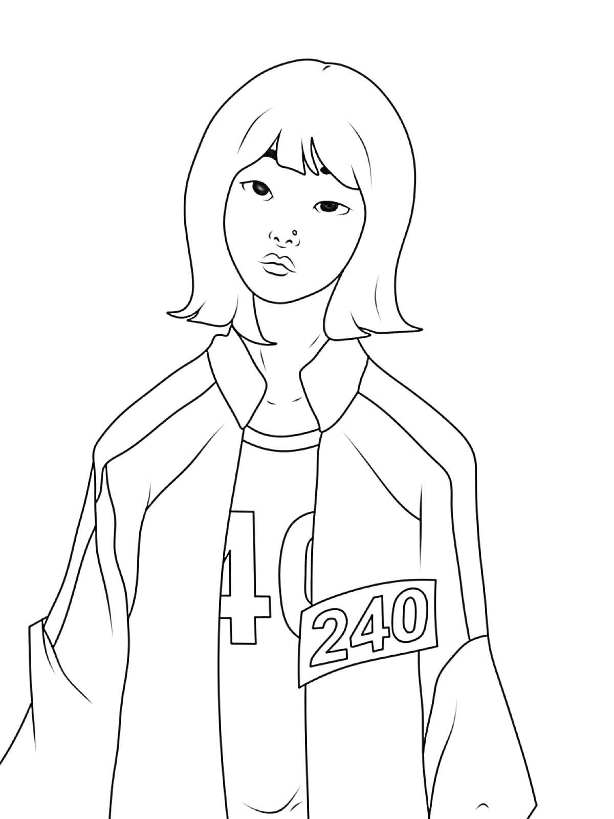 Раскраска Девушка в спортивной куртке с номером 240