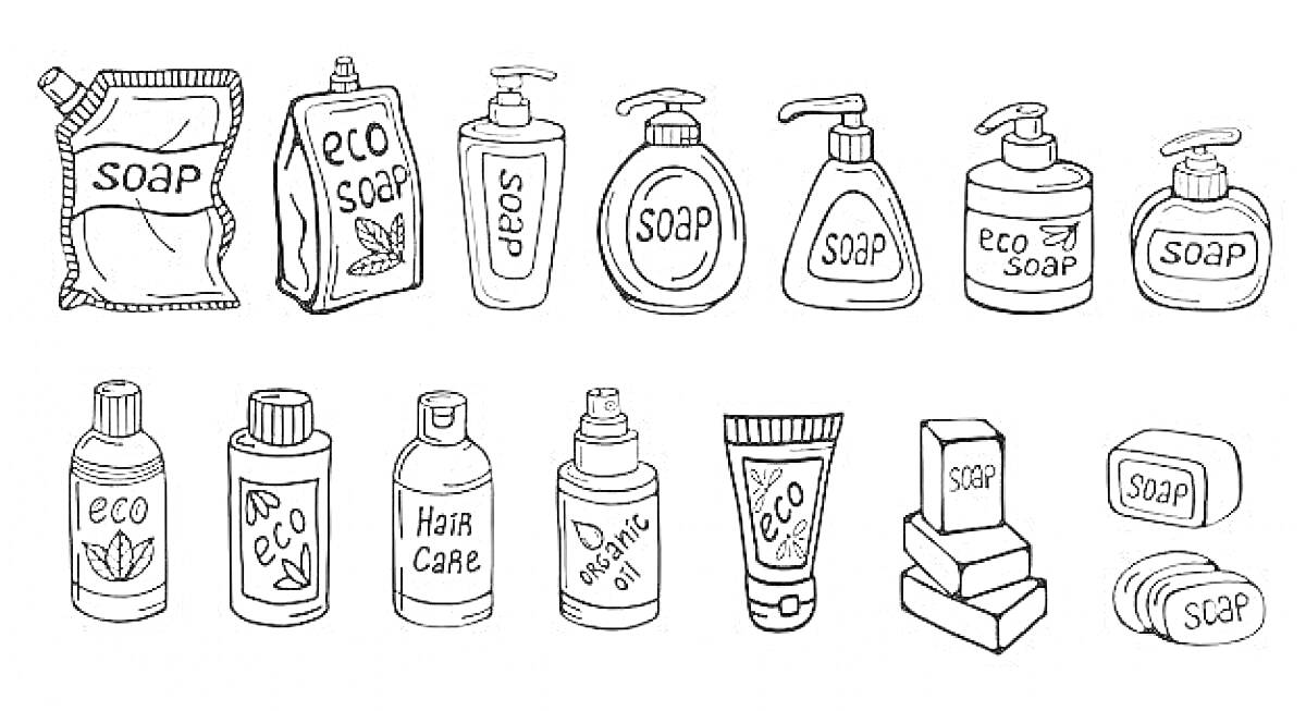упаковки различного мыла и косметических средств, включая мыло в жидком и твердом виде, упаковки для эко мыла, флаконы для средств ухода за волосами и тела