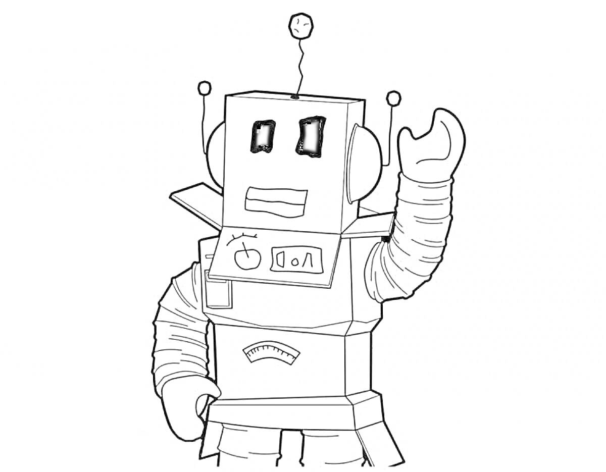 Раскраска Робот из Роблокса с антеннами и поднятой рукой