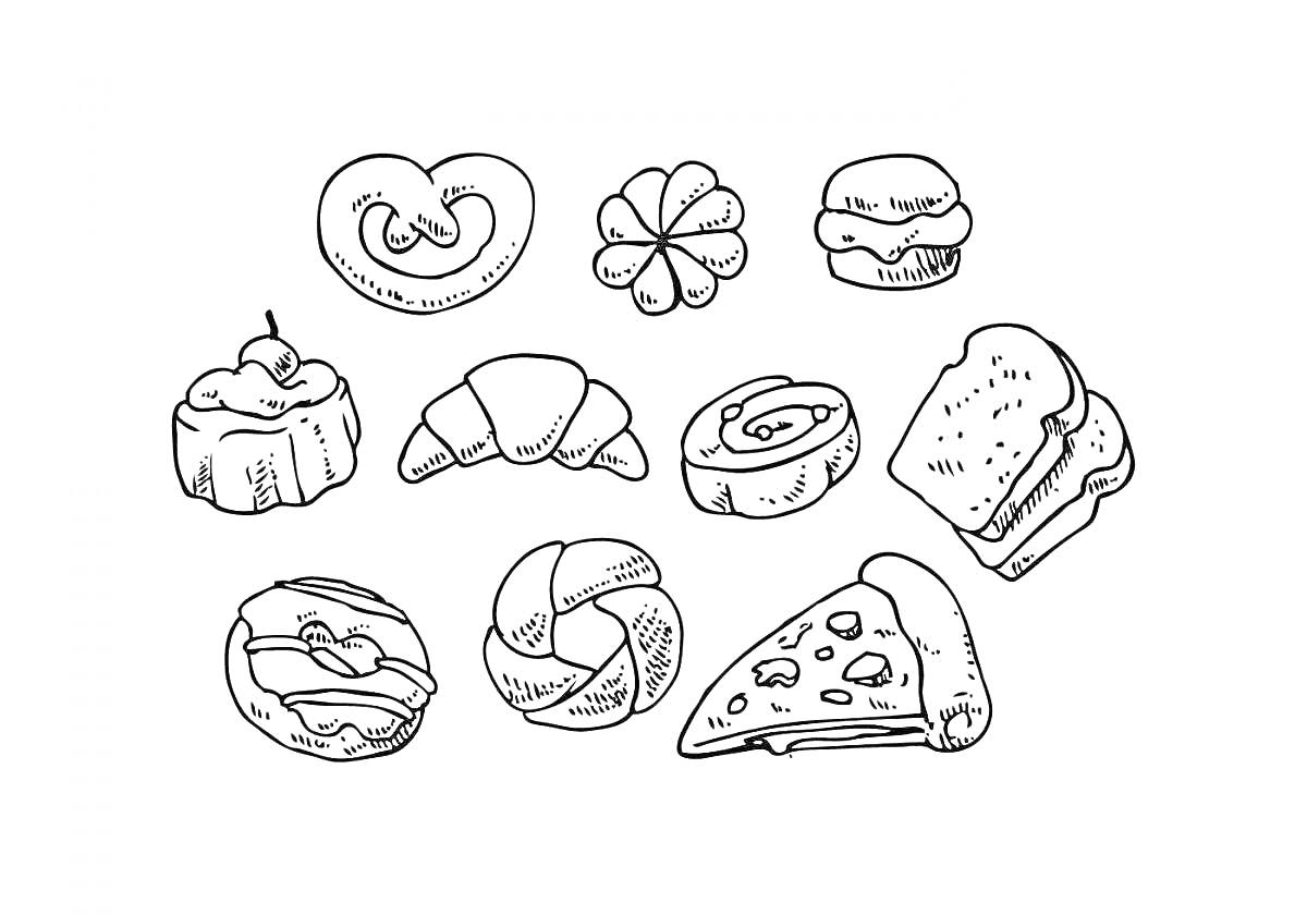 На раскраске изображено: Кондитерские изделия, Крендель, Печенье, Пирожное, Вишня, Бутерброд, Рулет, Пицца