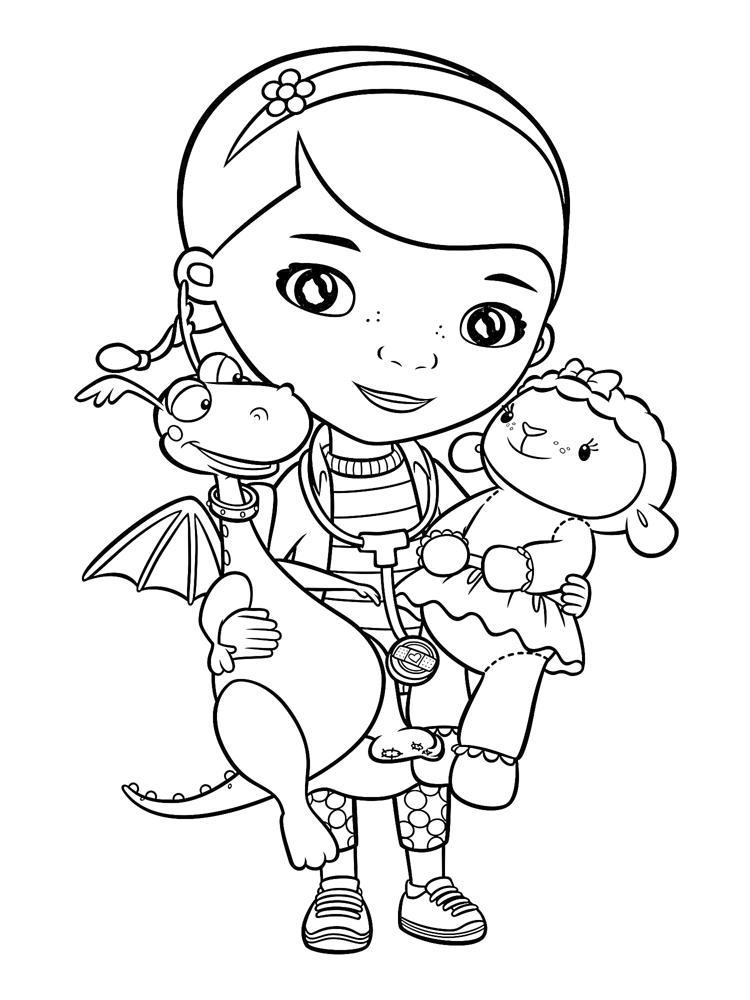 Доктор Плюшева с игрушечным драконом и овечкой