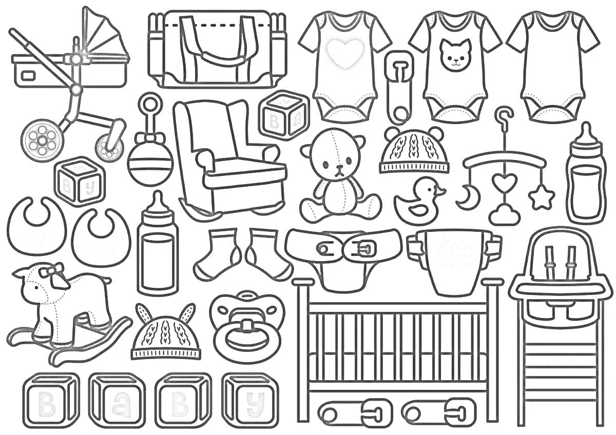 На раскраске изображено: Коляска, Одежда, Кроватка, Соска, Игрушки, Медведь, Бутылочка, Младенец