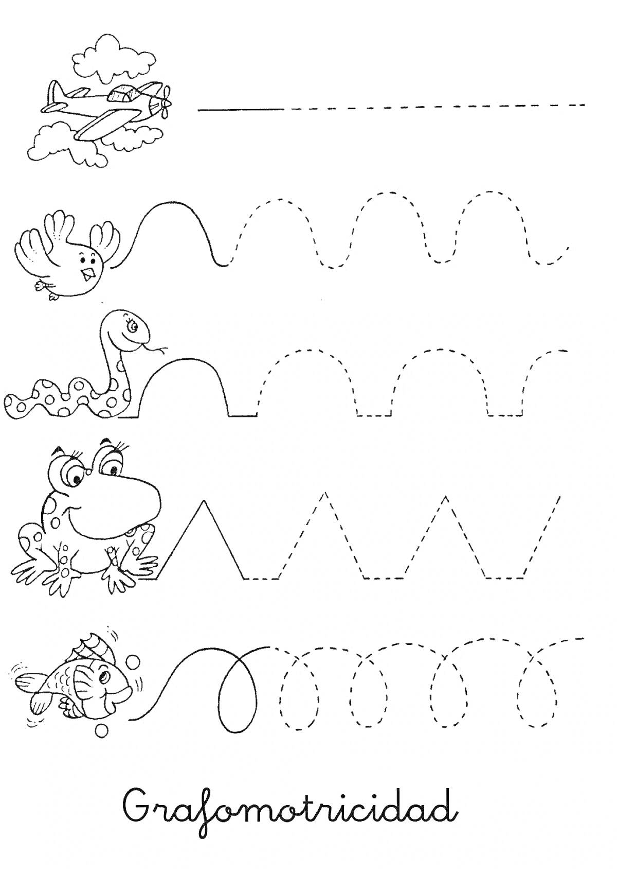 Раскраска Самолет, птица, змея, лягушка, рыба, пунктирные линии для обводки