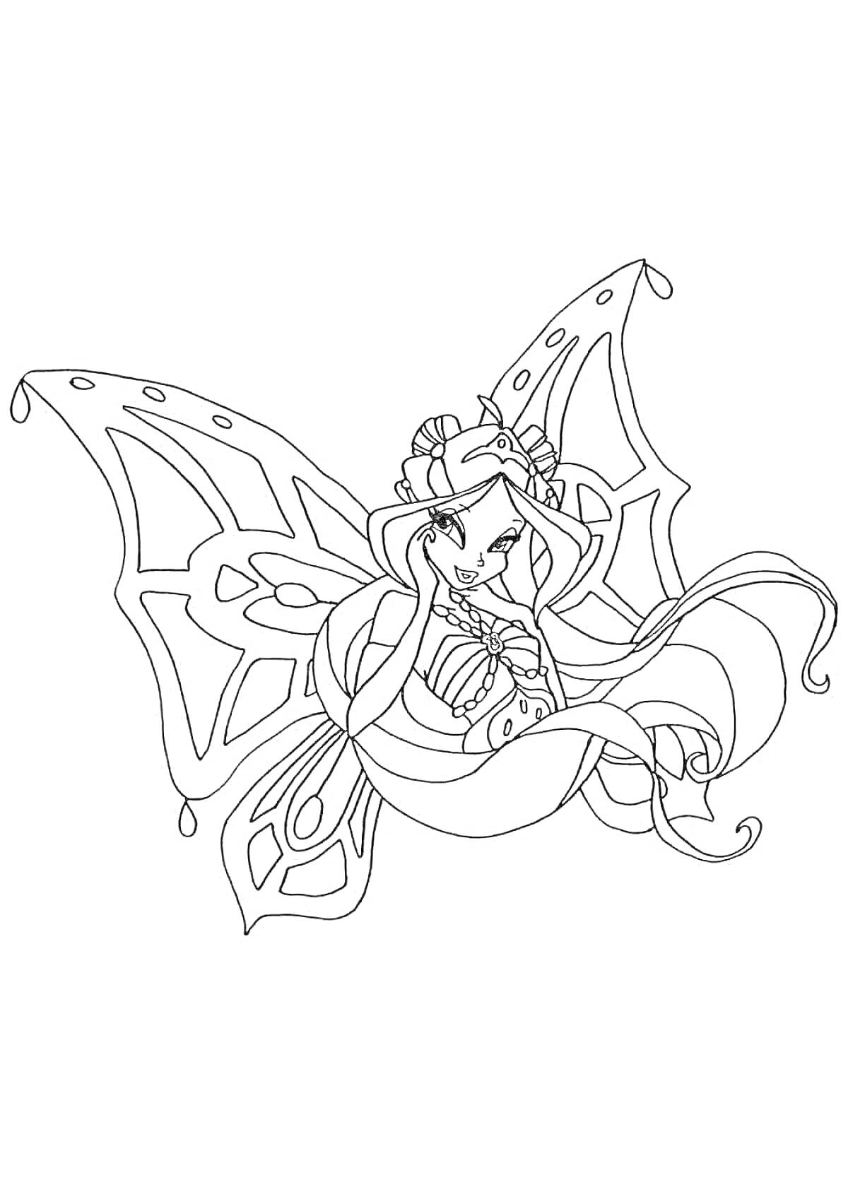 Раскраска Фея с длинными волосами и большими крыльями, украшенными узорами