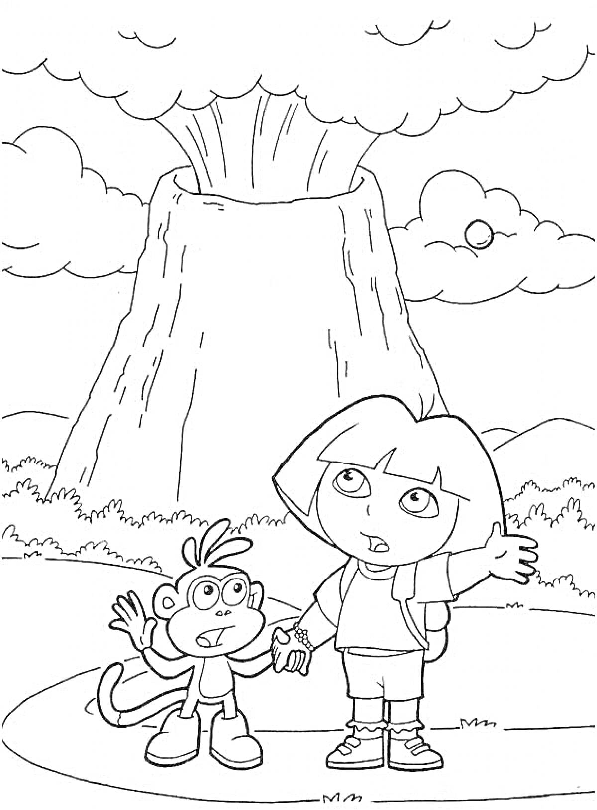 РаскраскаВулкан, девочка с рюкзаком показывает на вулкан, обезьянка с рюкзаком стоит рядом, облака и ландшафт на фоне