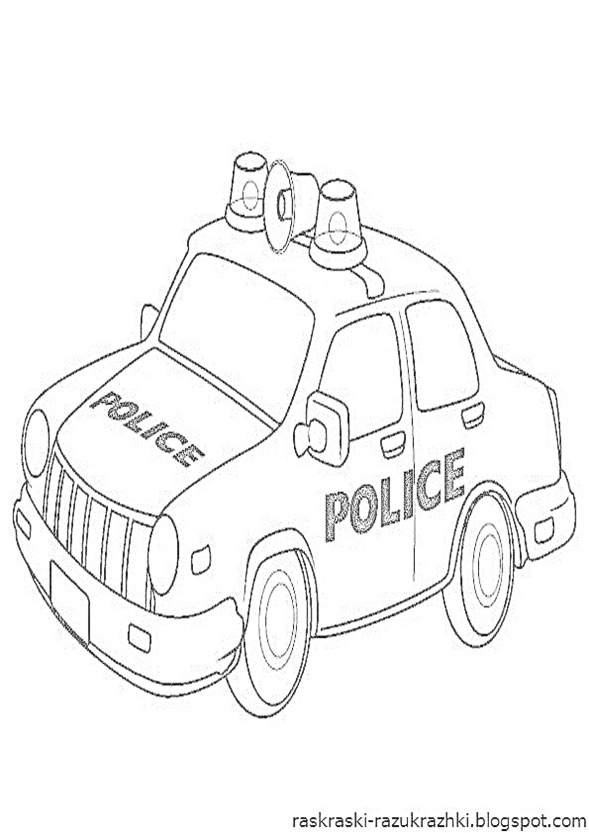 На раскраске изображено: Полицейская машина, Полиция, Милиция, Сирена, Служебный транспорт