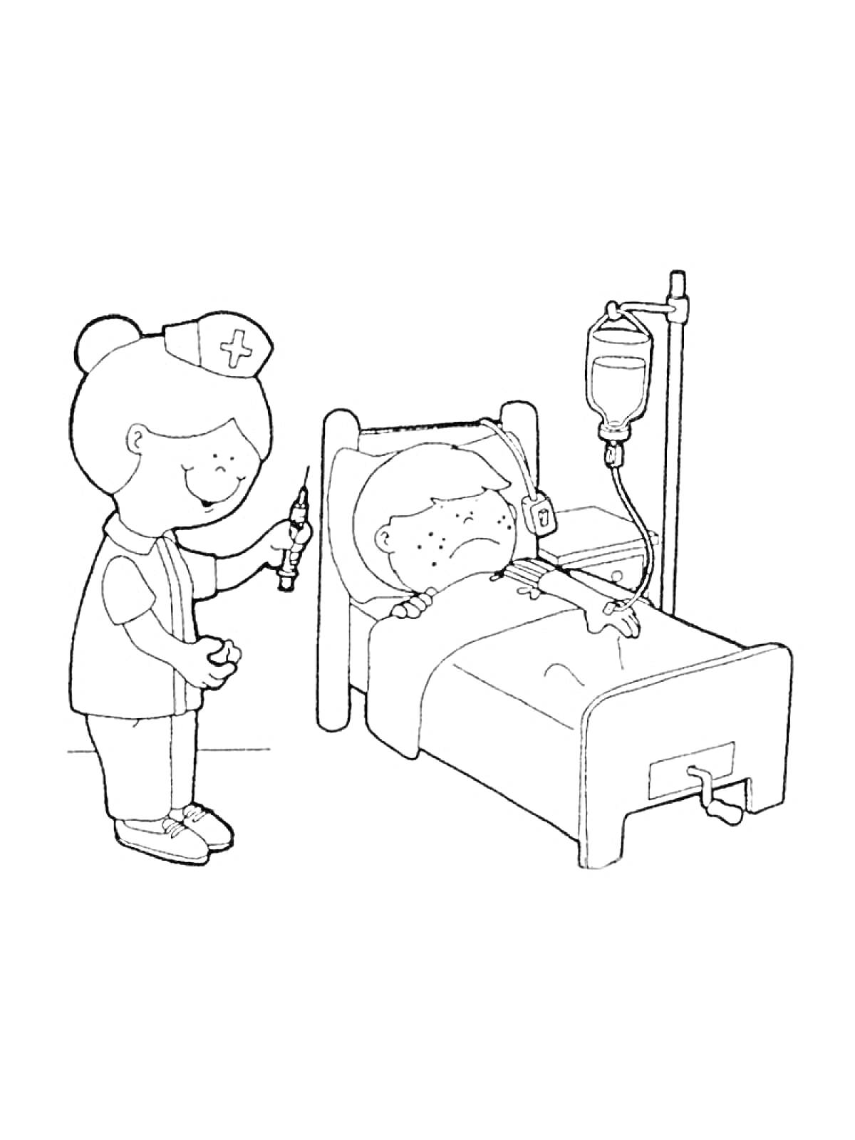 Раскраска Медсестра с шприцем и пациент в больничной кровати с капельницей