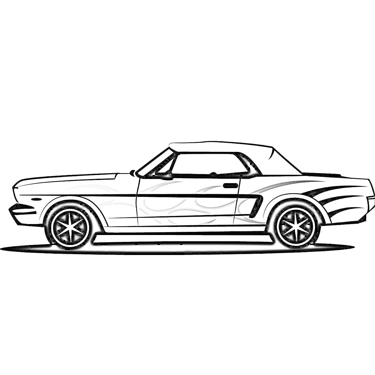 На раскраске изображено: Форд Мустанг, Две двери, Огонь, Классический автомобиль, Ретро