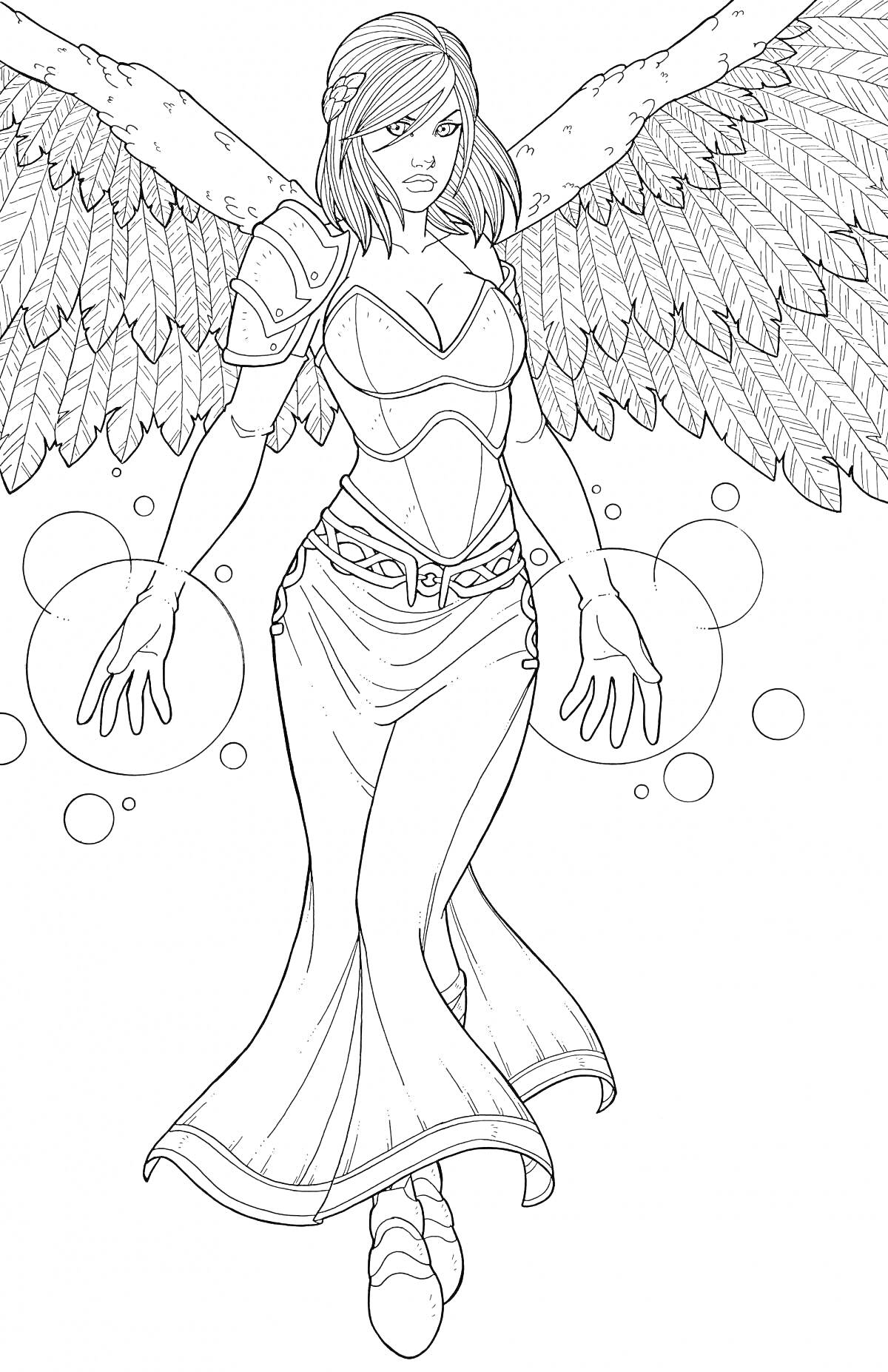 Раскраска Ангел-девочка в платье с крыльями и магическими шарами