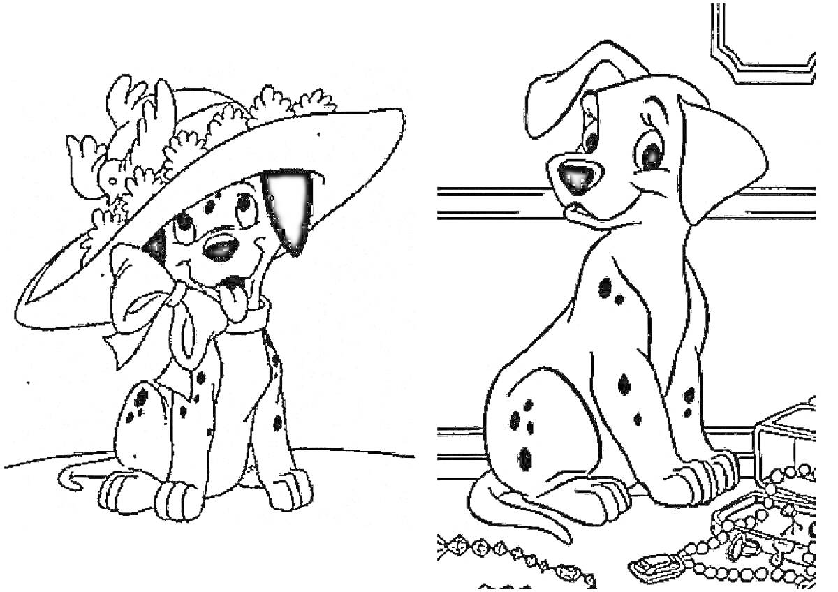 На раскраске изображено: Далматинец, Собака, Шляпа, Цветы, Бант, Украшения