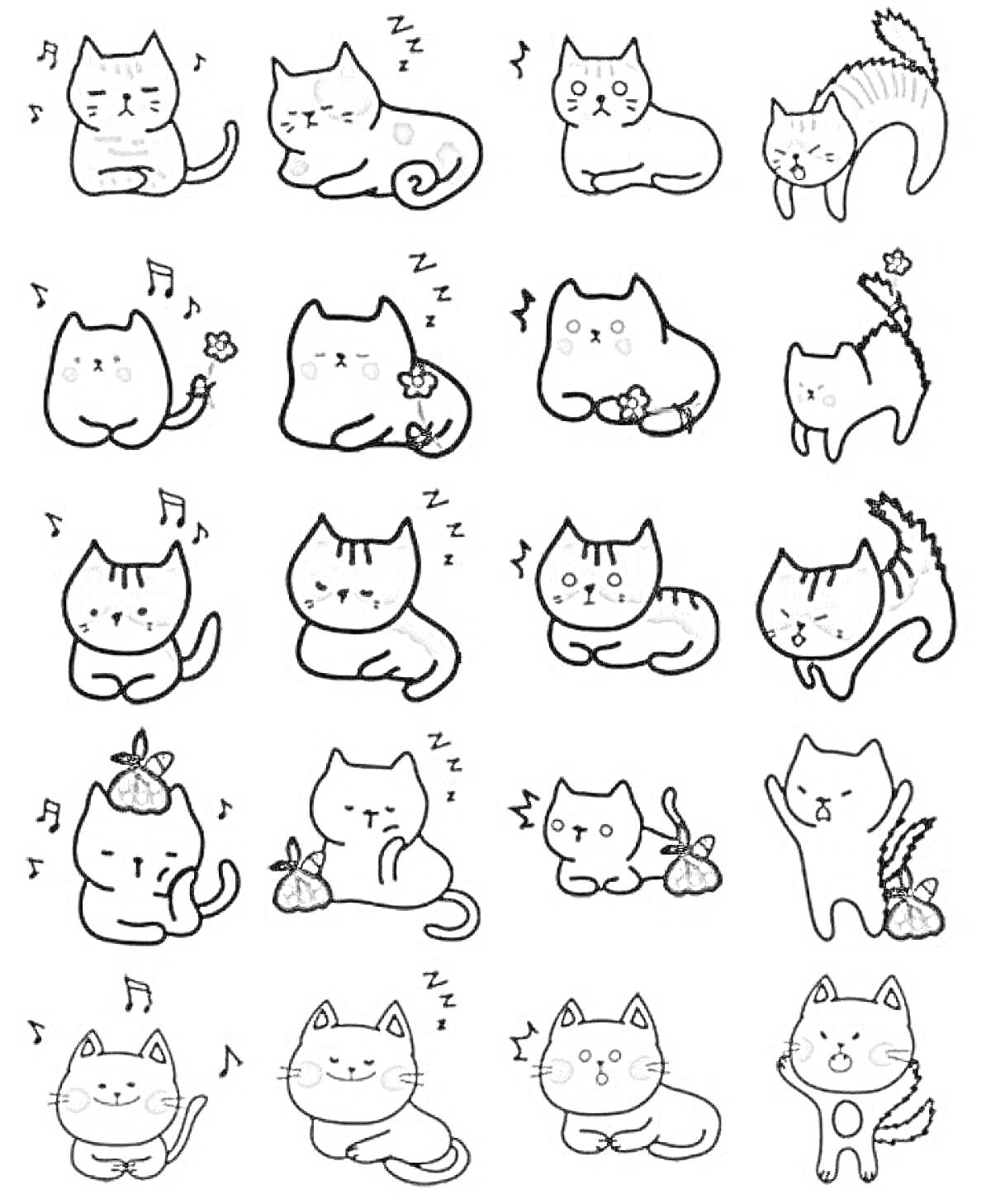 Раскраска Котики с музыкальными нотами, зевающие котики, котики с цветами, мяукающие котики, радующиеся котики, котики с багажом