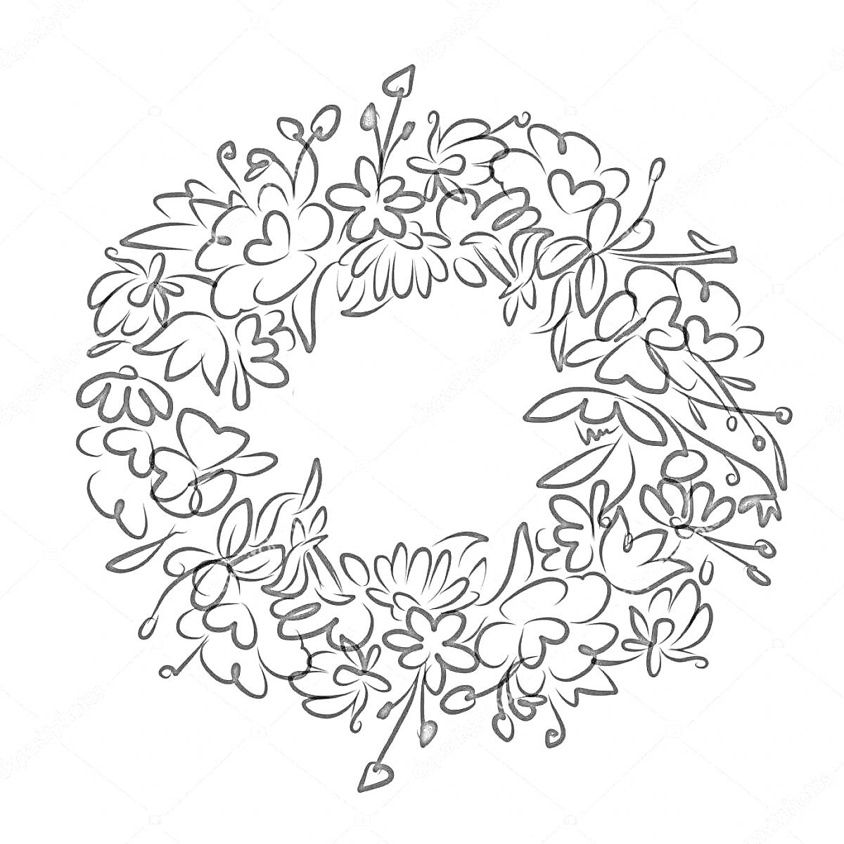 Раскраска Венок из цветов с листьями, веточками и цветами