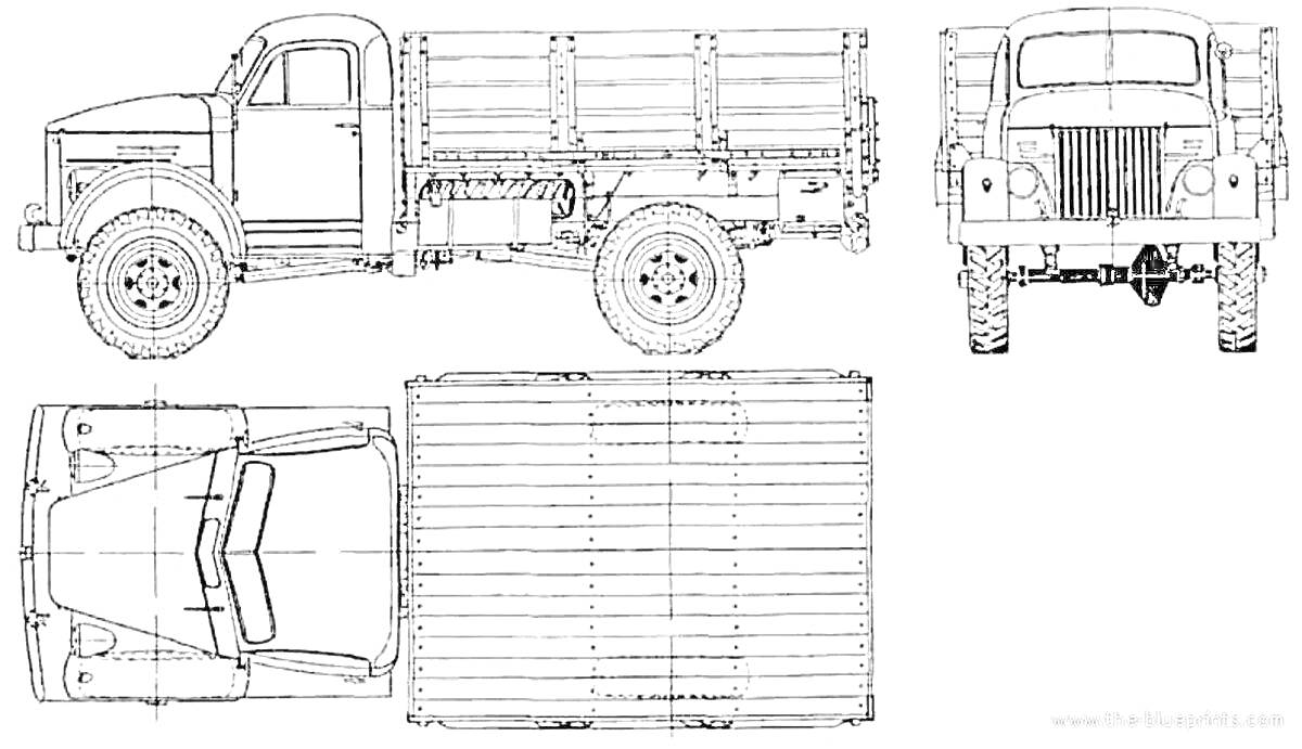 Раскраска Чертеж грузового автомобиля ГАЗ-66 с видами сбоку, спереди и сверху