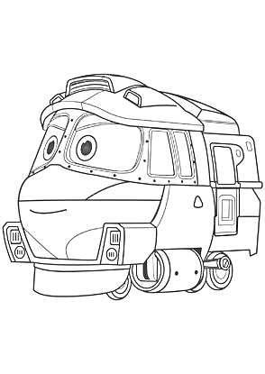 На раскраске изображено: Робот, Поезд, Из мультфильмов, Выражение лица, Колеса, Окна, Крыша, Дверь